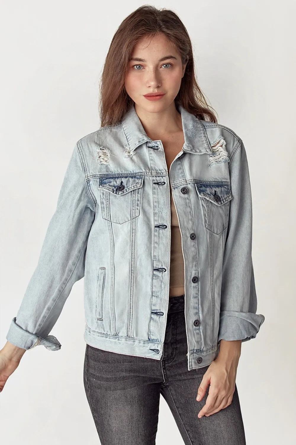 Hazel Blues® |  RISEN Distressed Button Up Jacket