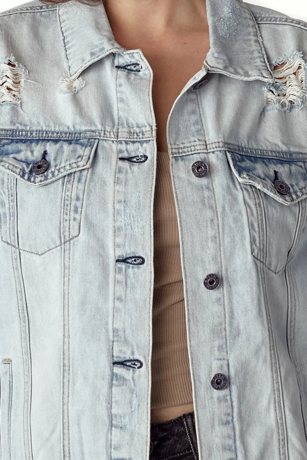 Hazel Blues® |  RISEN Distressed Button Up Jacket