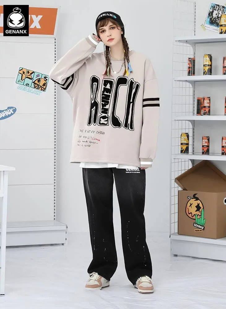 Hip Hop Print Stripe V-Neck Sweatshirt