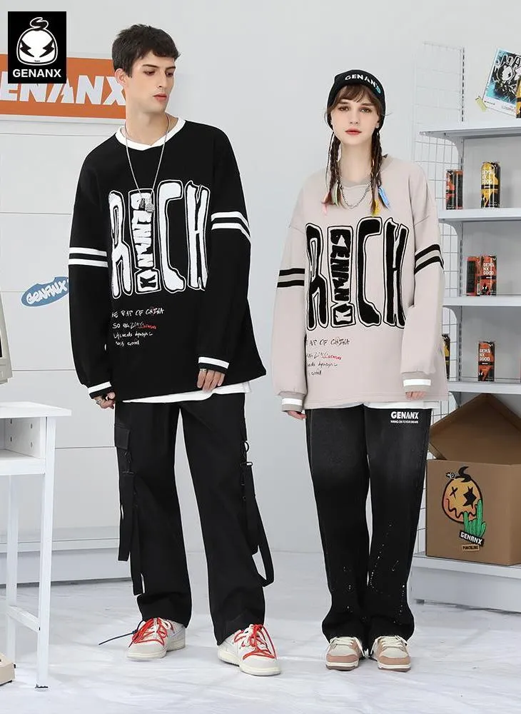 Hip Hop Print Stripe V-Neck Sweatshirt
