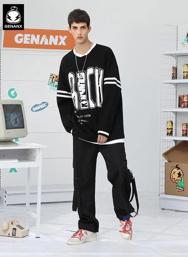 Hip Hop Print Stripe V-Neck Sweatshirt