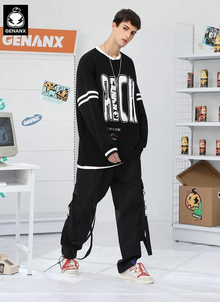 Hip Hop Print Stripe V-Neck Sweatshirt
