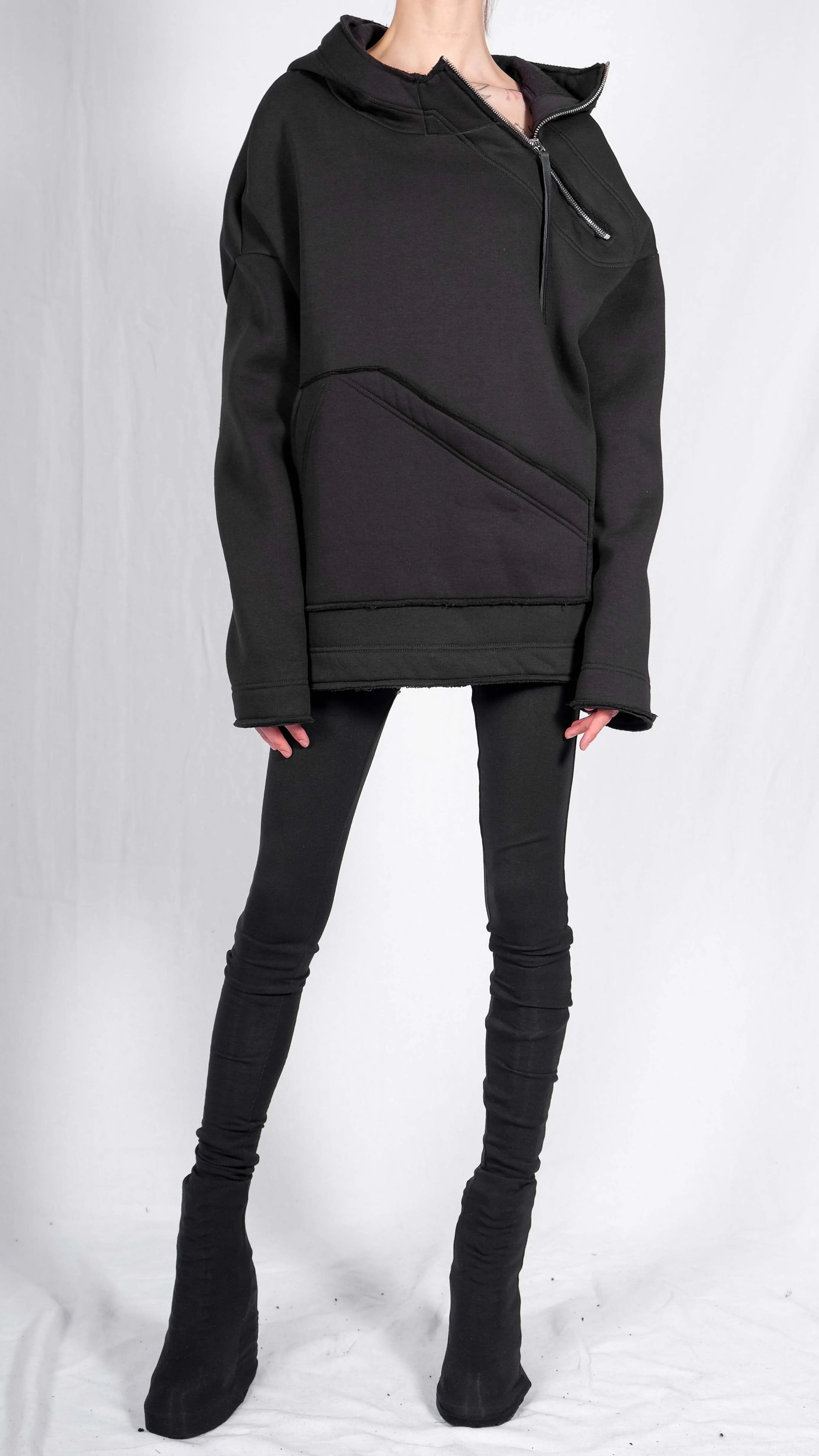 Hoodie with Side Zip and Diagonal Pocket