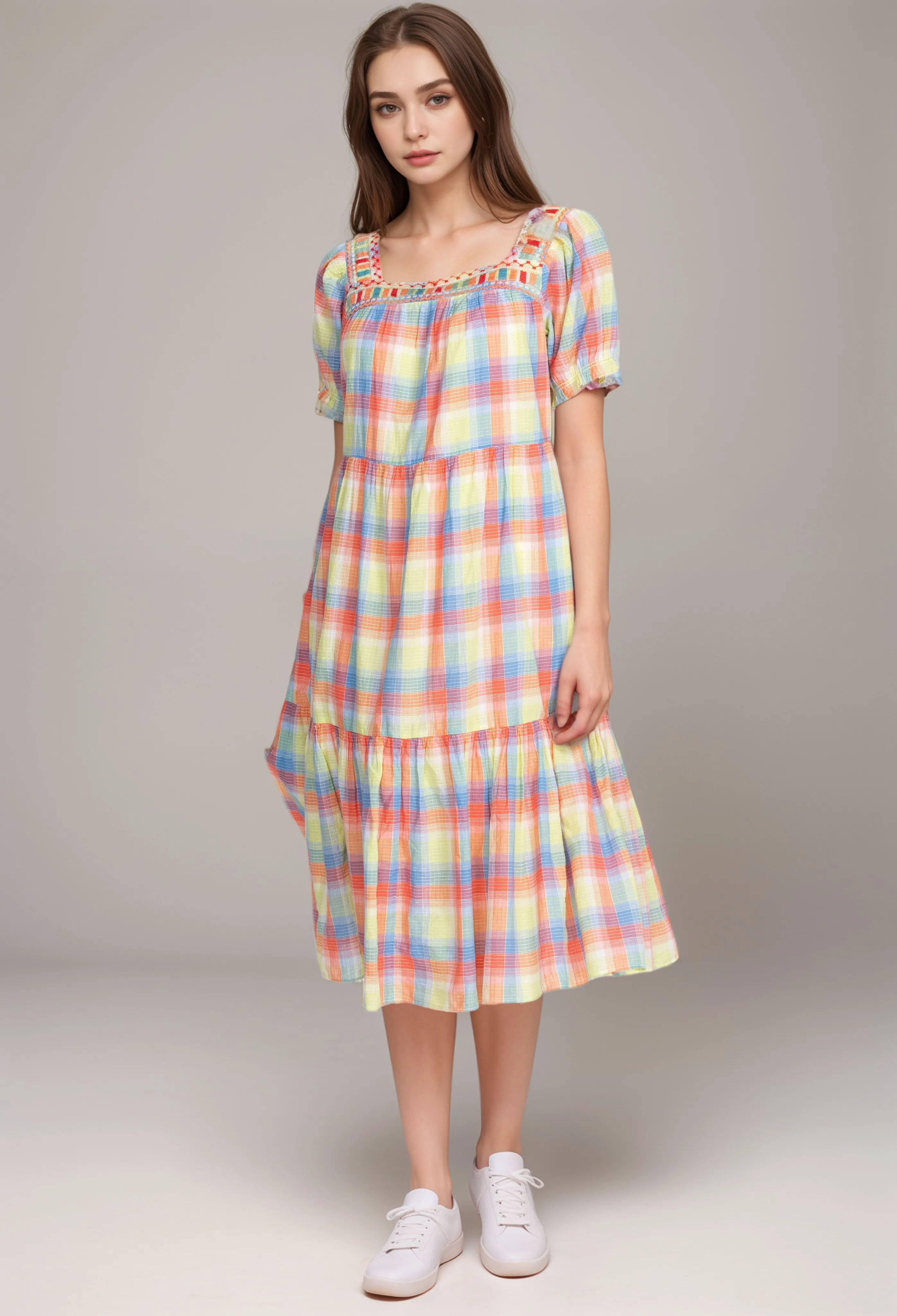 Johnny Was Workshop Delacey Plaid Square Neck Midi Dress W30022 Boho Chic
