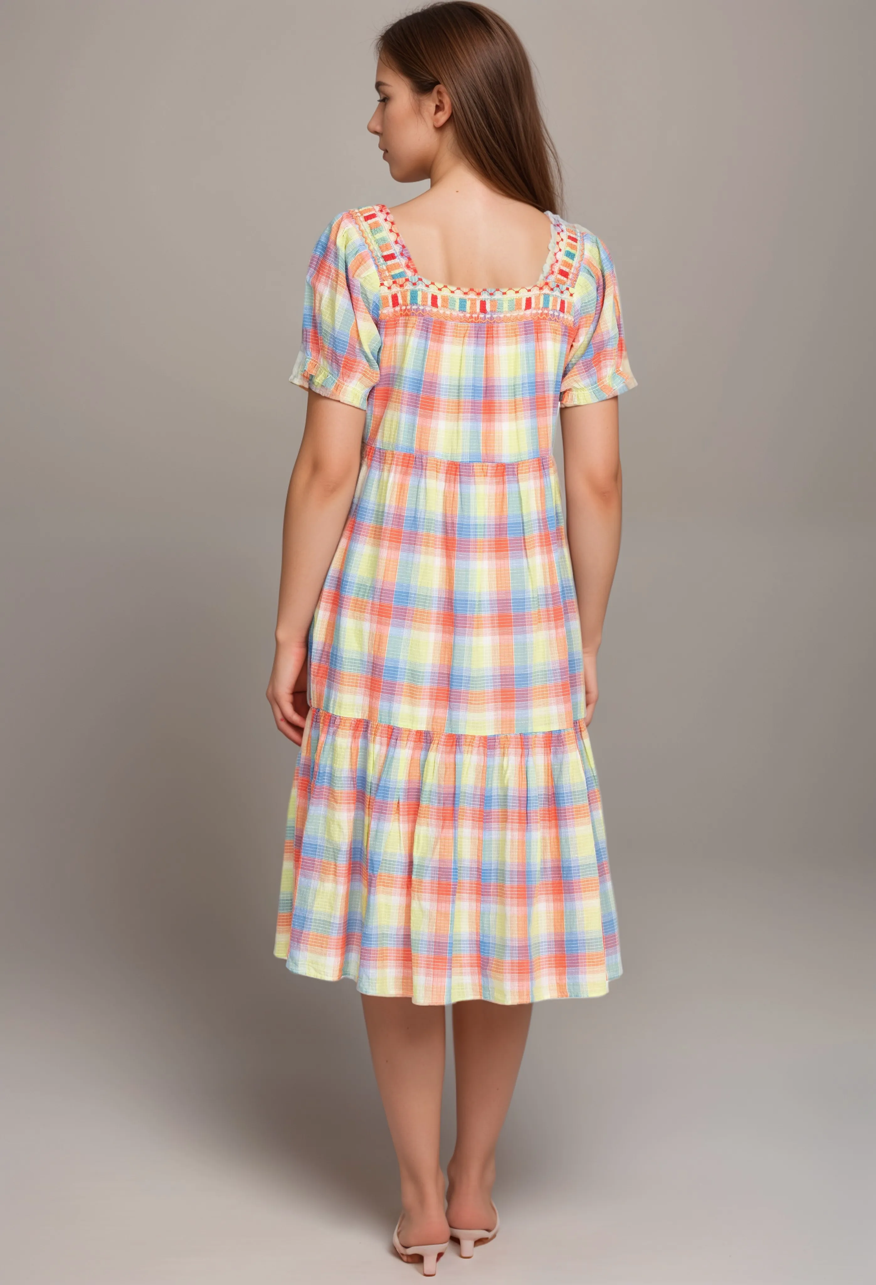 Johnny Was Workshop Delacey Plaid Square Neck Midi Dress W30022 Boho Chic