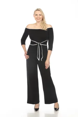 Joseph Ribkoff Black/Off-White Contrast Trim Off-Shoulder Wide Leg Jumpsuit 241009