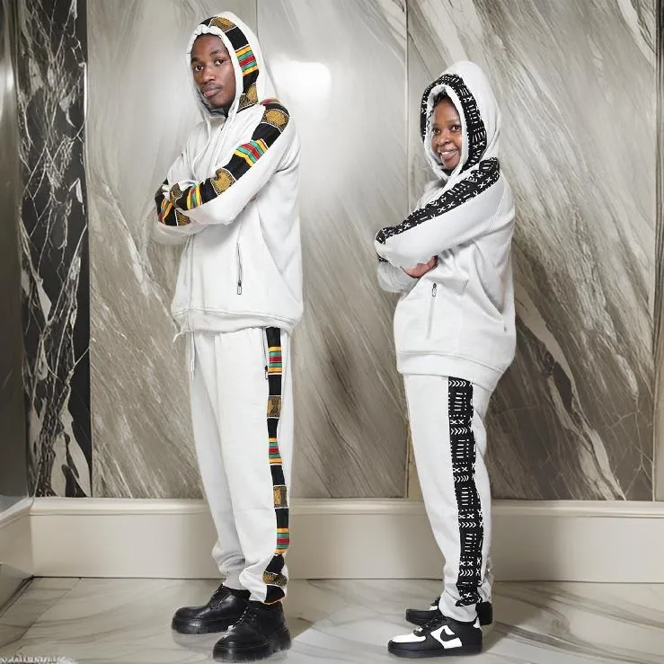 Light Grey African Kente Mud Print Jogger Track Suit