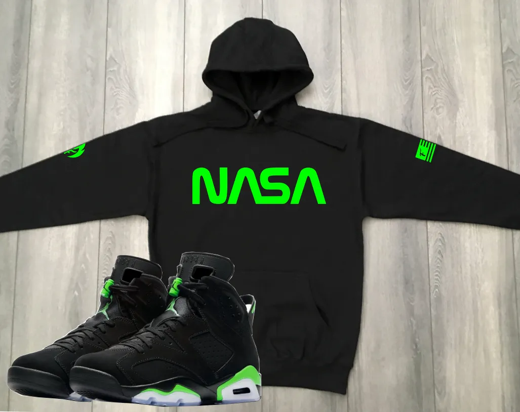 Men's Black Neon Green NASA Graphics Sneaker Hoodie To Match Air Jordan Retro 6 Electric Green