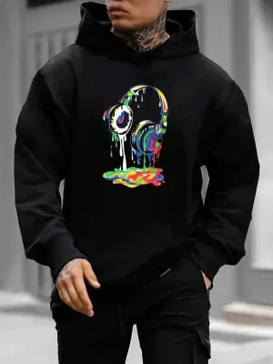 Men’s cotton streetwear hoodie with colorful headphone graphic, soft and sporty pullover for casual wear