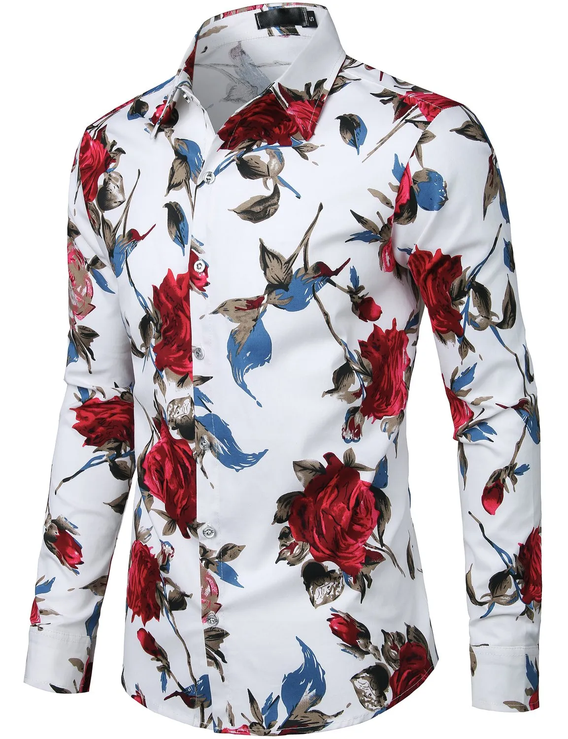 Men's Floral Long Sleeve Animal Print Cotton Casual Button Down Shirt