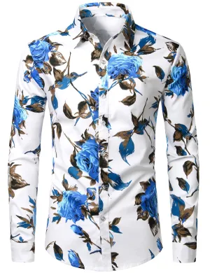 Men's Floral Long Sleeve Animal Print Cotton Casual Button Down Shirt