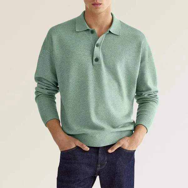 Men’s Polo Shirt - Soft Knit Cotton Blend - Regular Fit - Long Sleeve Ribbed Cuffs