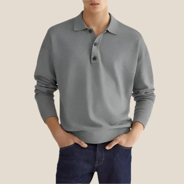 Men’s Polo Shirt - Soft Knit Cotton Blend - Regular Fit - Long Sleeve Ribbed Cuffs