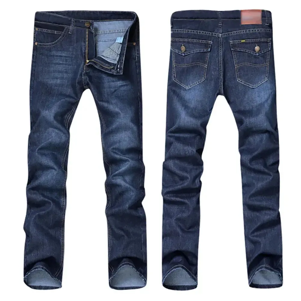 Men’s stretch denim jeans with straight fit, casual streetwear style for skateboarding and hip hop fashion lovers
