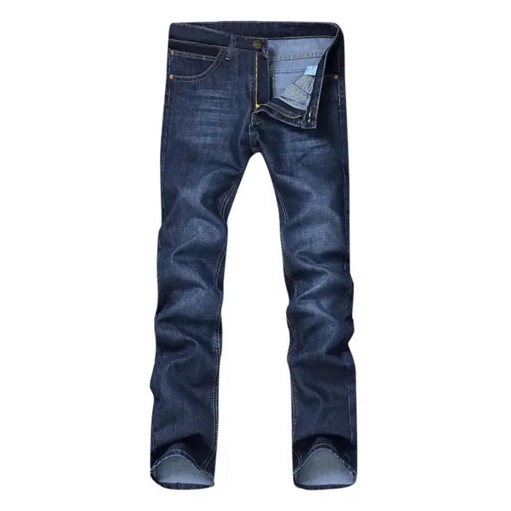 Men’s stretch denim jeans with straight fit, casual streetwear style for skateboarding and hip hop fashion lovers
