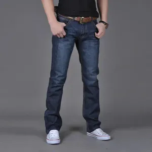 Men’s stretch denim jeans with straight fit, casual streetwear style for skateboarding and hip hop fashion lovers