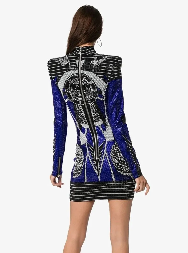 New Trendy Striped Zippers Design Long Sleeves Turtleneck Celebrity Party Bandage Mini Dress