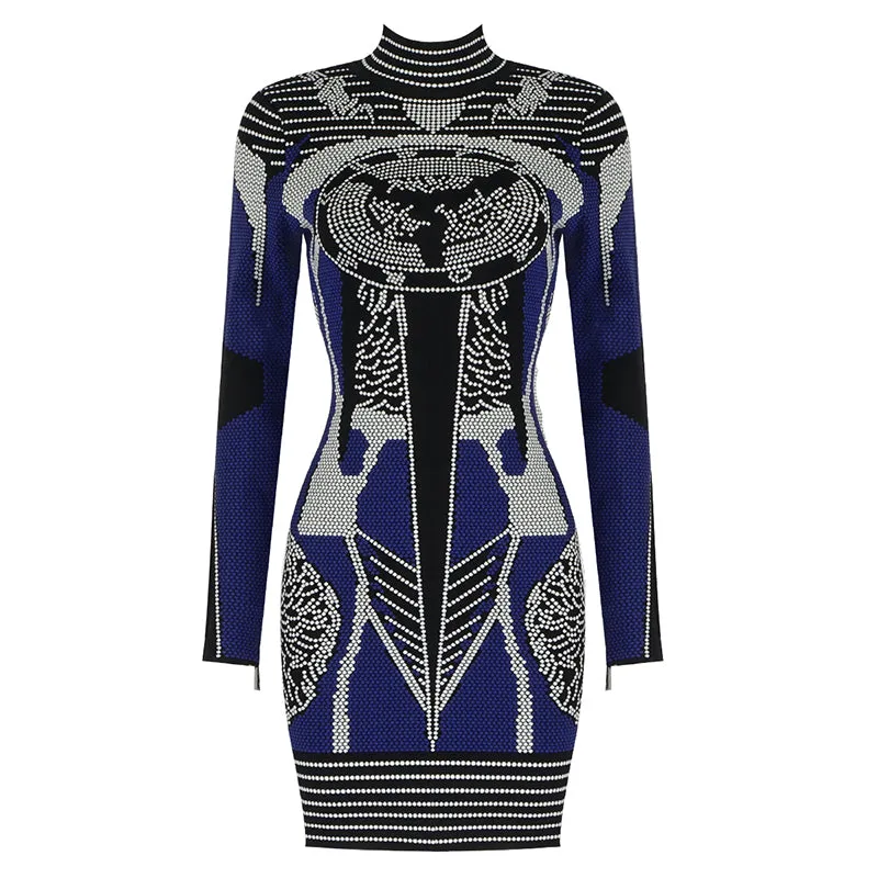 New Trendy Striped Zippers Design Long Sleeves Turtleneck Celebrity Party Bandage Mini Dress