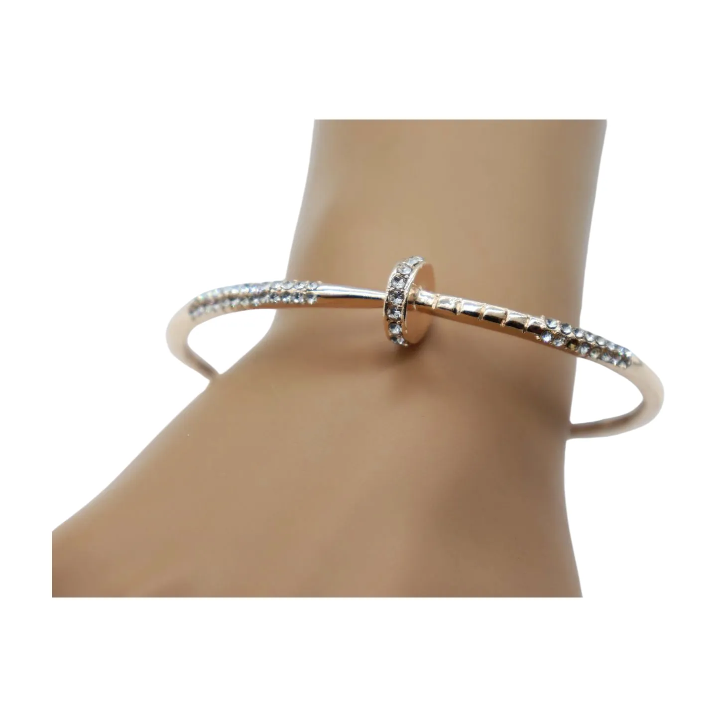 New Women Rose Gold Metal Fashion Jewelry Nail Cuff Bracelet Bling Wrap Around Thin