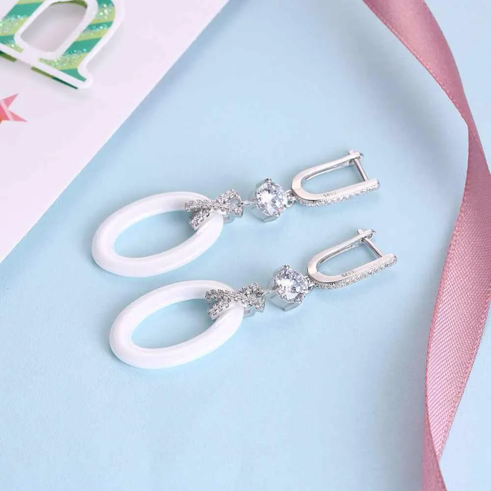 New Women Sterling Silver 925 Drop Earrings with White Ellipse Ceramic Zircon-Inserted Dangler Jewelry Gift