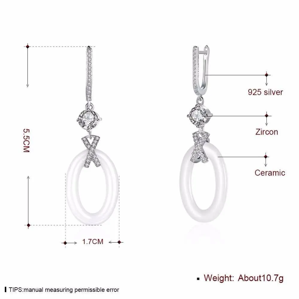 New Women Sterling Silver 925 Drop Earrings with White Ellipse Ceramic Zircon-Inserted Dangler Jewelry Gift