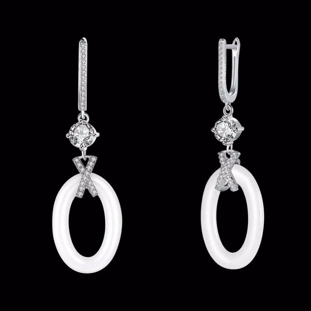 New Women Sterling Silver 925 Drop Earrings with White Ellipse Ceramic Zircon-Inserted Dangler Jewelry Gift