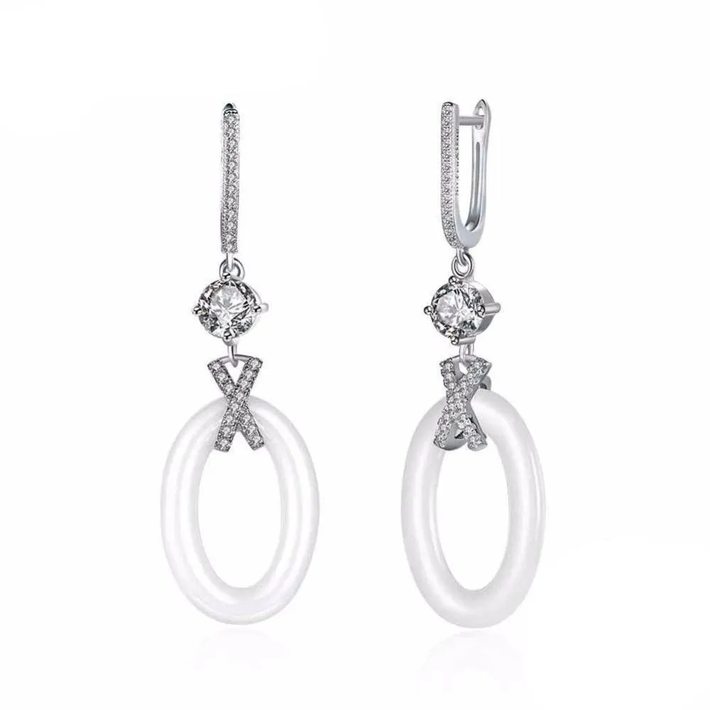 New Women Sterling Silver 925 Drop Earrings with White Ellipse Ceramic Zircon-Inserted Dangler Jewelry Gift