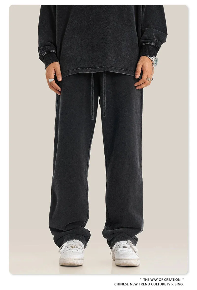 Obsidian Phoenix Luxury 380gsm Washed Cotton Pants - Unisex Oversized High-Street Straight Sport Trousers