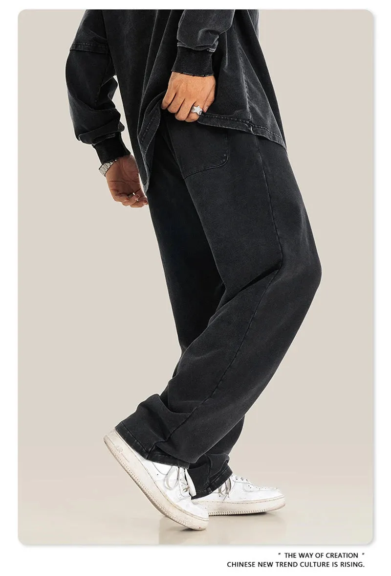Obsidian Phoenix Luxury 380gsm Washed Cotton Pants - Unisex Oversized High-Street Straight Sport Trousers