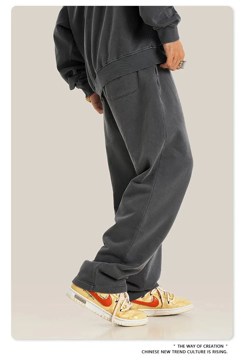 Obsidian Phoenix Luxury 380gsm Washed Cotton Pants - Unisex Oversized High-Street Straight Sport Trousers