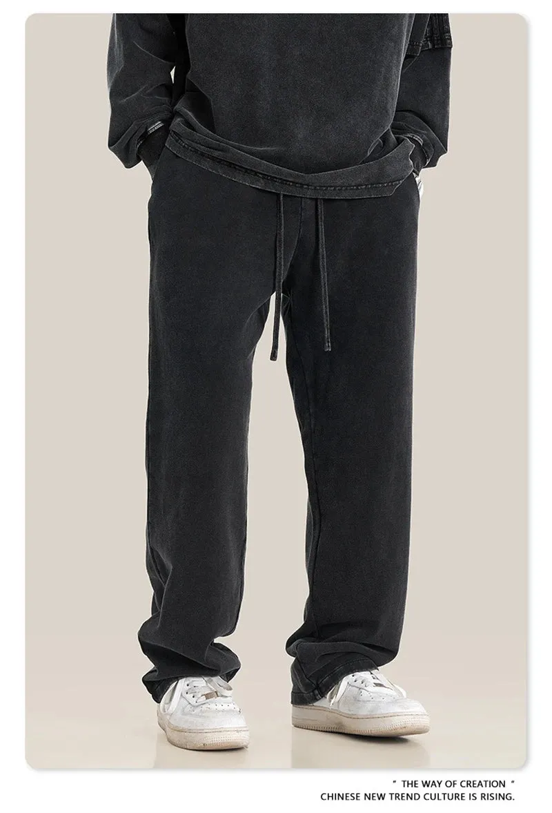 Obsidian Phoenix Luxury 380gsm Washed Cotton Pants - Unisex Oversized High-Street Straight Sport Trousers