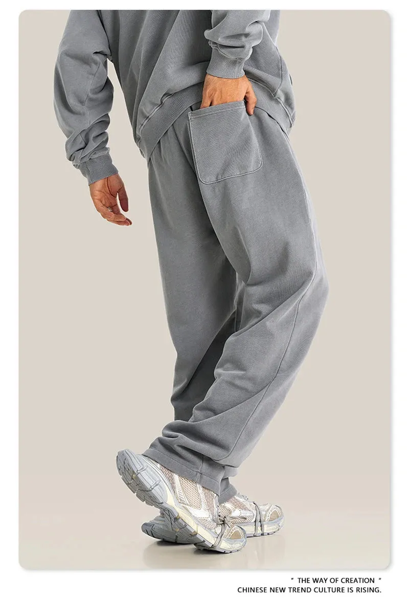 Obsidian Phoenix Luxury 380gsm Washed Cotton Pants - Unisex Oversized High-Street Straight Sport Trousers