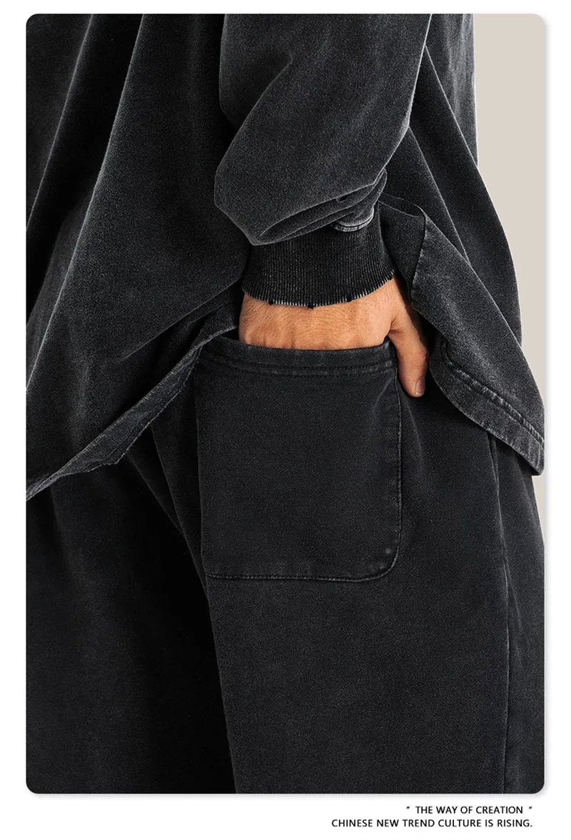 Obsidian Phoenix Luxury 380gsm Washed Cotton Pants - Unisex Oversized High-Street Straight Sport Trousers