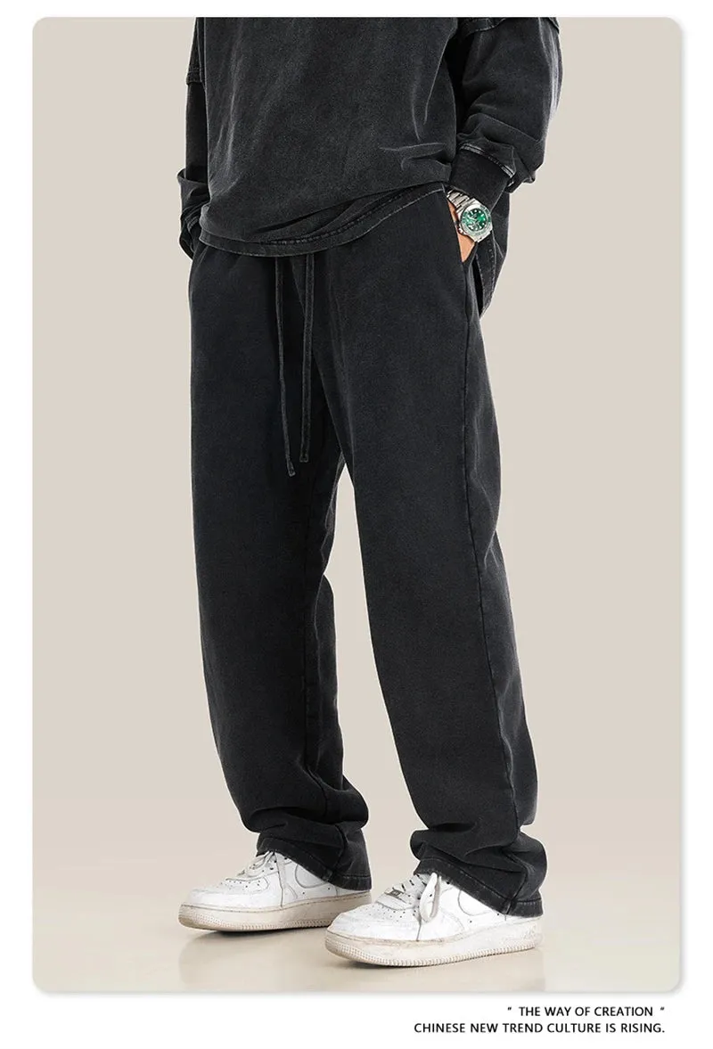 Obsidian Phoenix Luxury 380gsm Washed Cotton Pants - Unisex Oversized High-Street Straight Sport Trousers