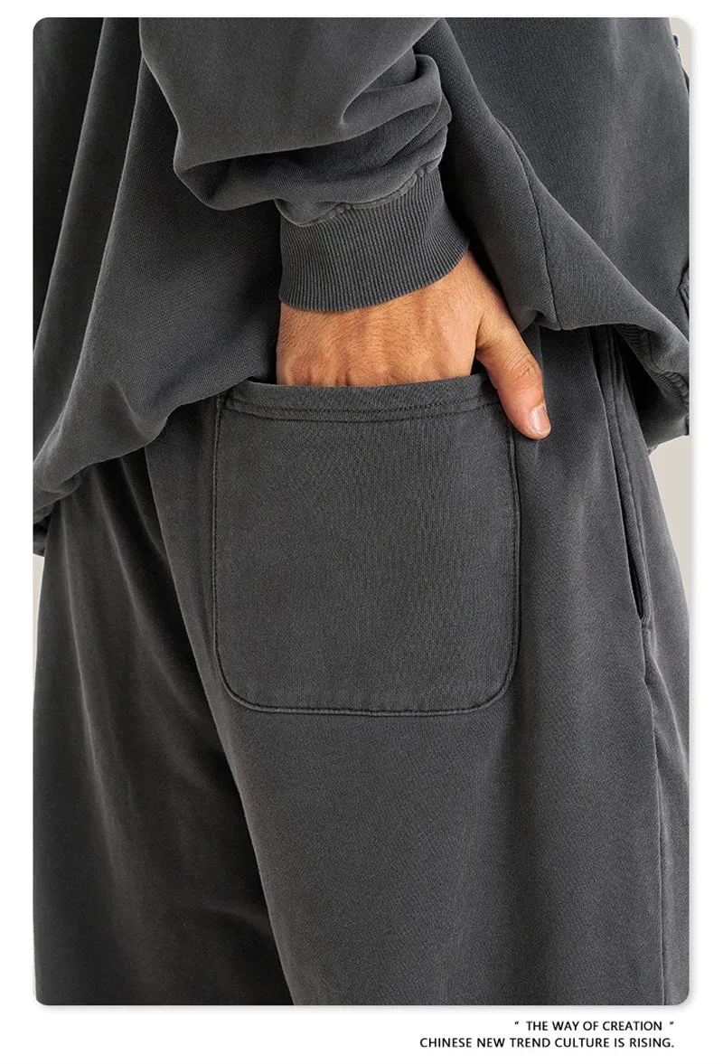 Obsidian Phoenix Luxury 380gsm Washed Cotton Pants - Unisex Oversized High-Street Straight Sport Trousers