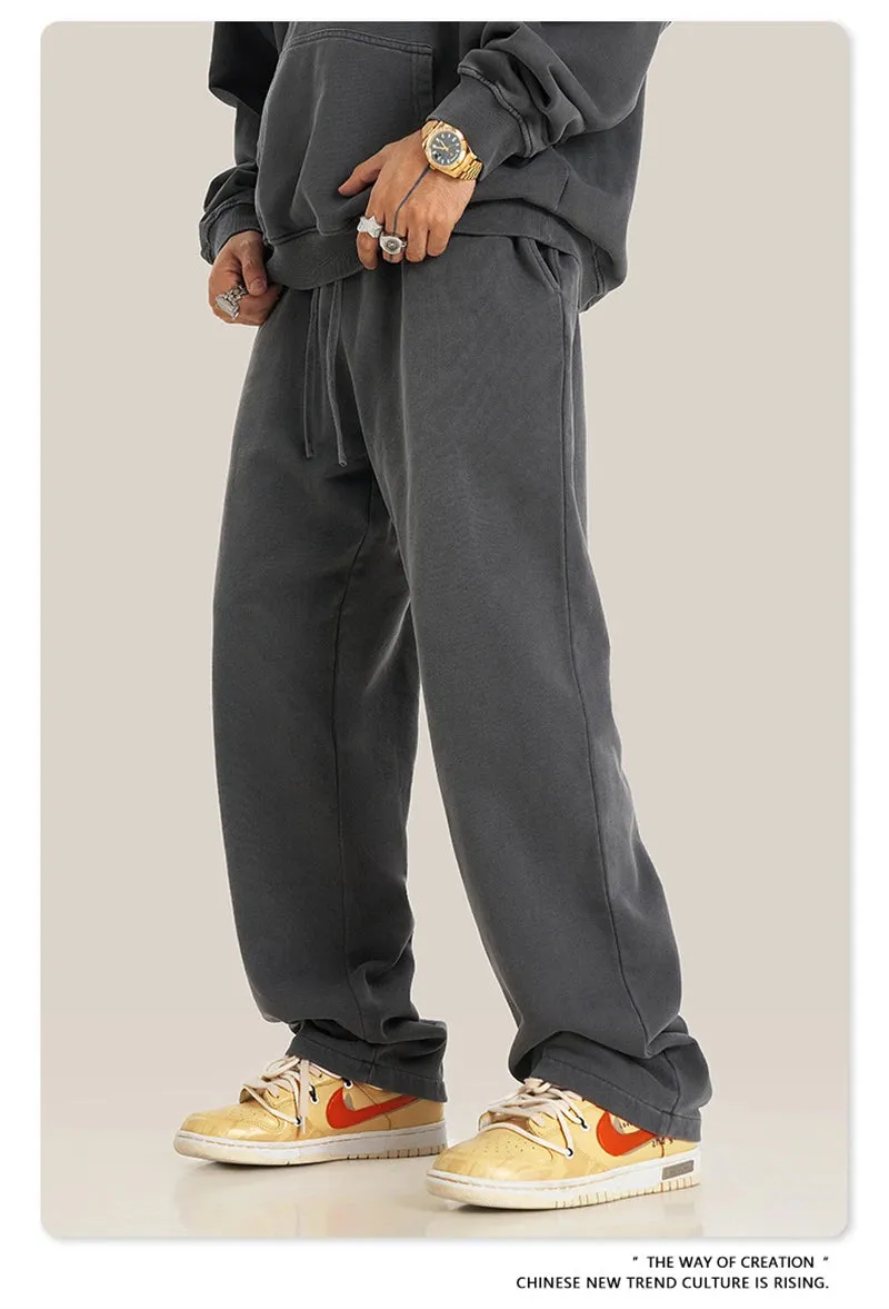 Obsidian Phoenix Luxury 380gsm Washed Cotton Pants - Unisex Oversized High-Street Straight Sport Trousers