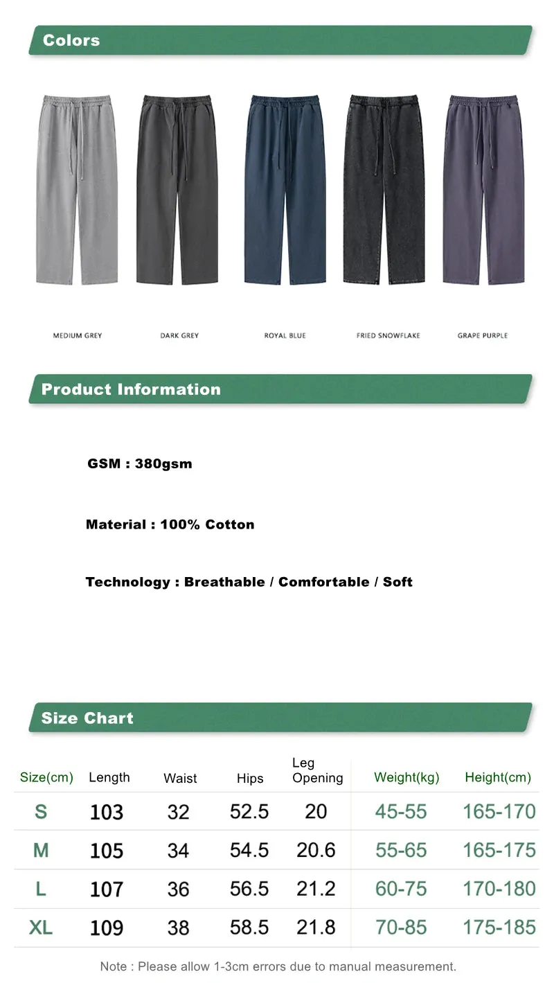 Obsidian Phoenix Luxury 380gsm Washed Cotton Pants - Unisex Oversized High-Street Straight Sport Trousers