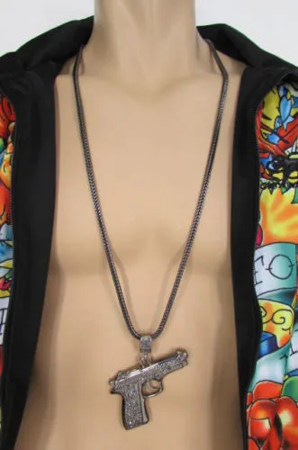 Pewter Metal Necklace Big Pistol Gun Pendant Hip Hop Men Gangster Style Fashion