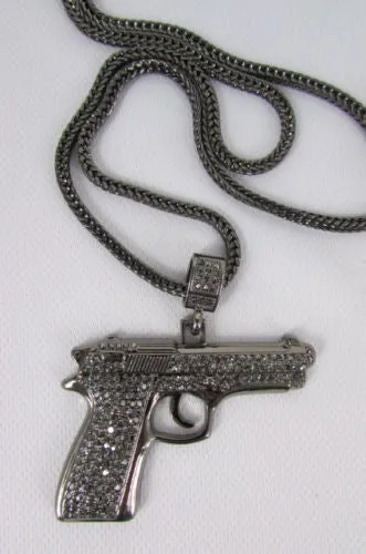 Pewter Metal Necklace Big Pistol Gun Pendant Hip Hop Men Gangster Style Fashion
