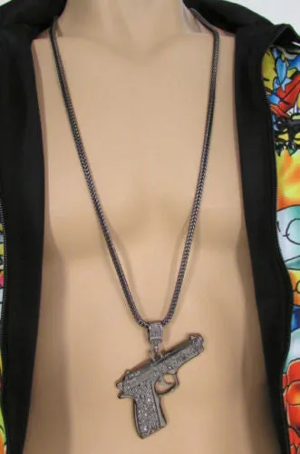 Pewter Metal Necklace Big Pistol Gun Pendant Hip Hop Men Gangster Style Fashion
