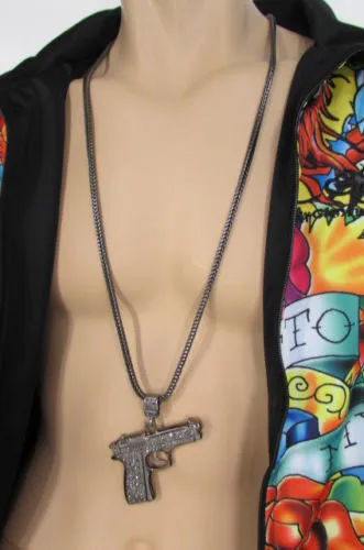 Pewter Metal Necklace Big Pistol Gun Pendant Hip Hop Men Gangster Style Fashion