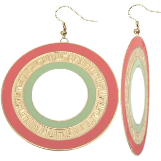 Pink Green Thin Disc Dangle Earrings