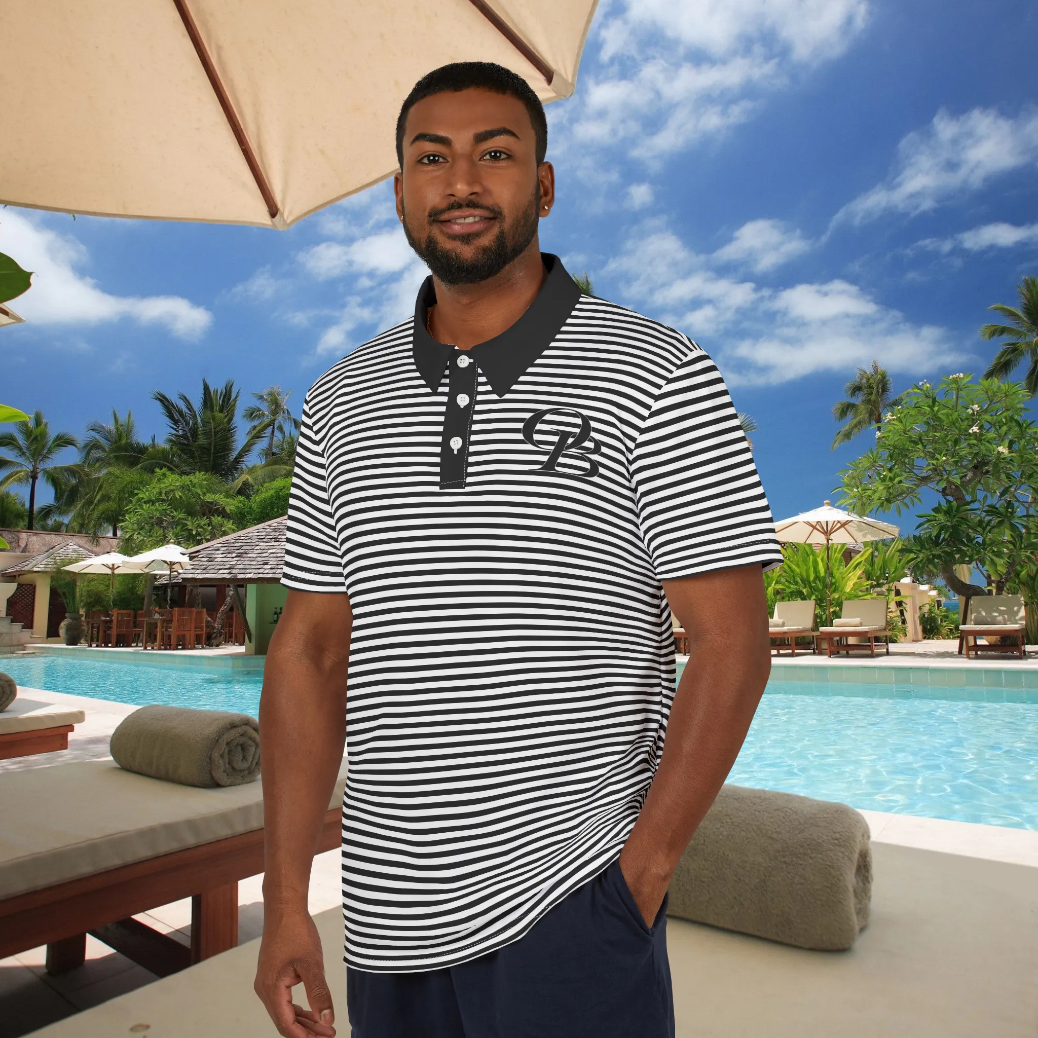 "The Pugsley" Black & White Striped Unisex Casual Short-Sleeve Polo Shirt