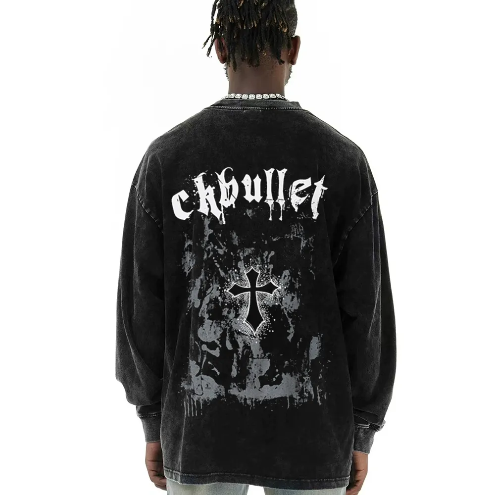 Retro Dark Cross Letters Long-Sleeve Shirt