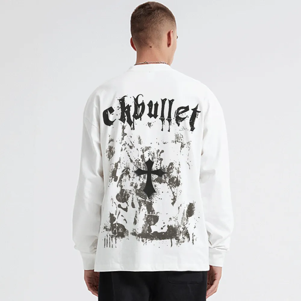 Retro Dark Cross Letters Long-Sleeve Shirt