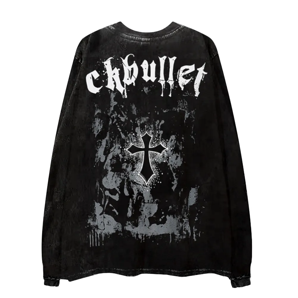 Retro Dark Cross Letters Long-Sleeve Shirt