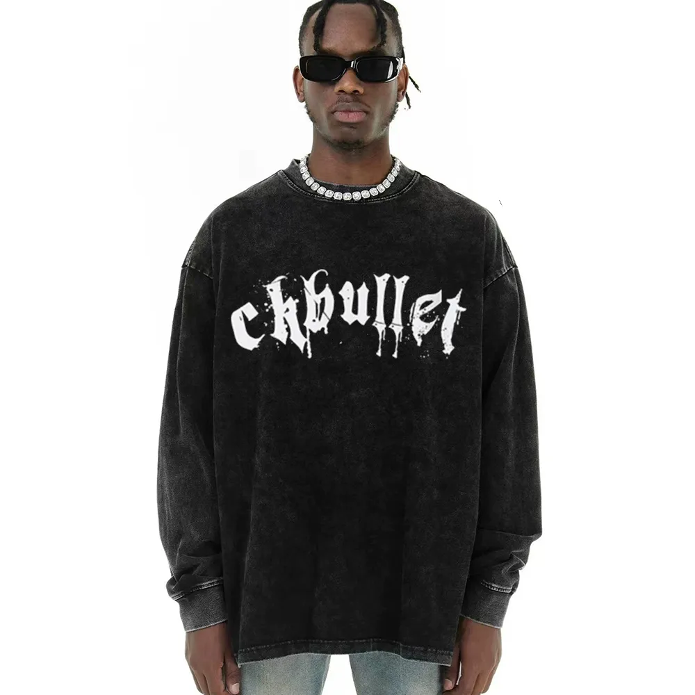 Retro Dark Cross Letters Long-Sleeve Shirt
