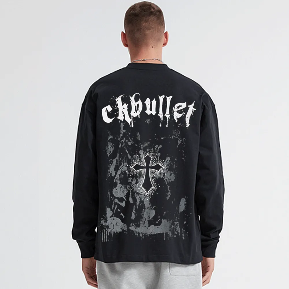 Retro Dark Cross Letters Long-Sleeve Shirt