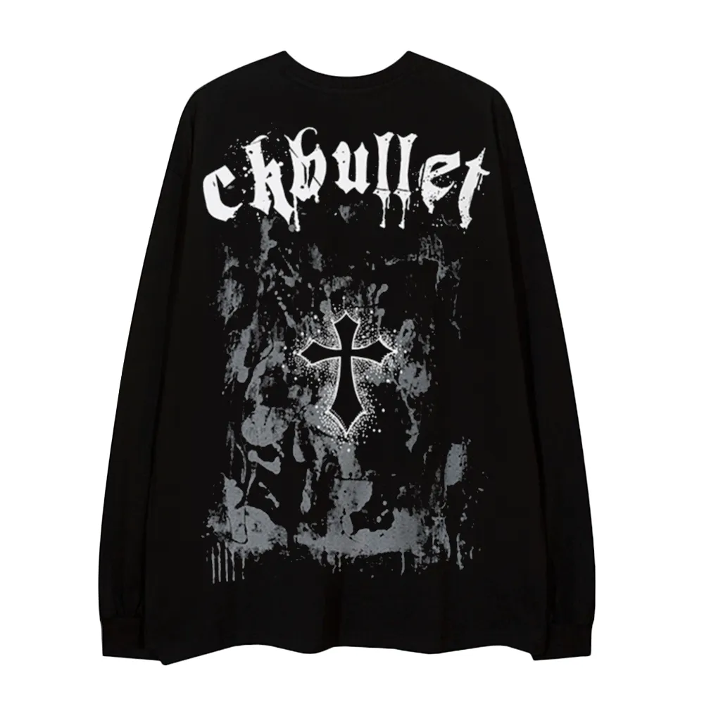 Retro Dark Cross Letters Long-Sleeve Shirt
