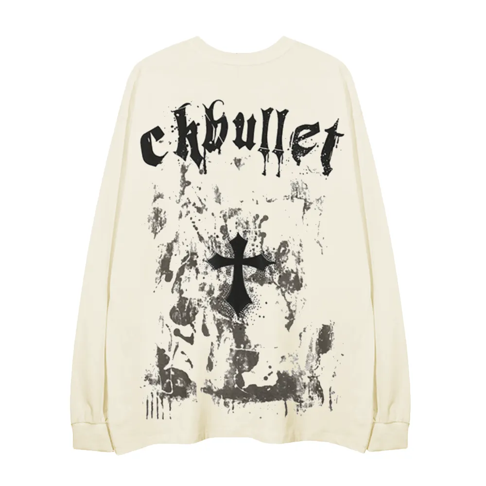 Retro Dark Cross Letters Long-Sleeve Shirt